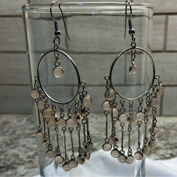 Earrings Chandelier Sterling Silver with Rose Quartz - Picture 2 of 5